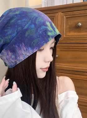 双面戴蝴蝶印花堆堆帽女复古民族风包头帽宽松弹力大头围护头巾帽