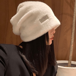 finestate秋冬毛绒绒黑色堆堆帽女时尚百搭大头围显脸小保暖冷帽