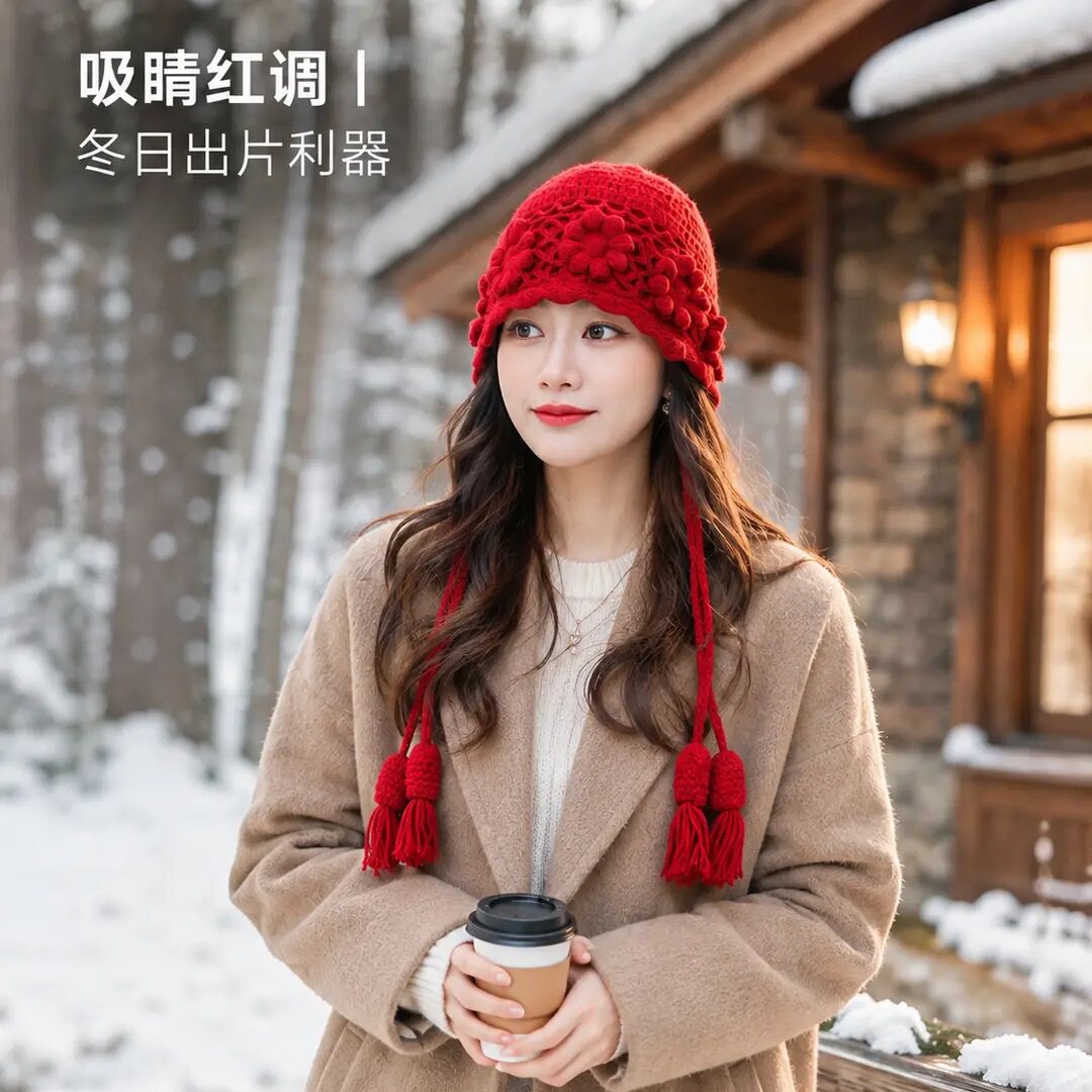 手工钩花流苏护耳帽女冬日红色针织帽保暖防风显白出游拍照毛线帽