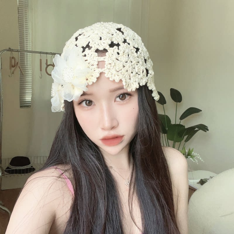 手工钩针帽子花朵时尚毛线帽
