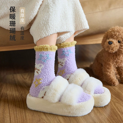 秋冬季彩色卡通动植物珊瑚绒中筒袜加厚保暖可爱居家睡眠地板女袜