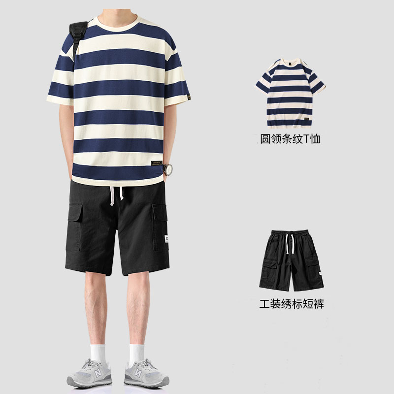 日系条纹短袖T恤男夏季潮牌情侣五分袖体恤套装宽松帅气一套搭配