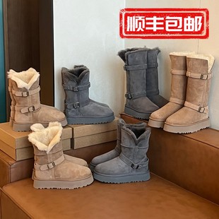 雪地靴女皮毛一体厚底皮带扣骑士靴长筒靴桑坡棉鞋女冬季加绒加厚