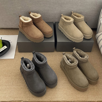 桑坡雪地靴女加绒加厚防水防滑真皮厚底短筒迷你东北棉鞋女外穿