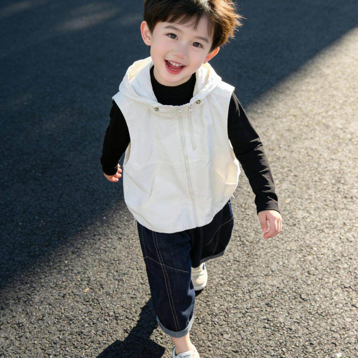 儿童连帽马甲男女童2026春秋新款韩版时尚宽松无袖外套坎肩外穿