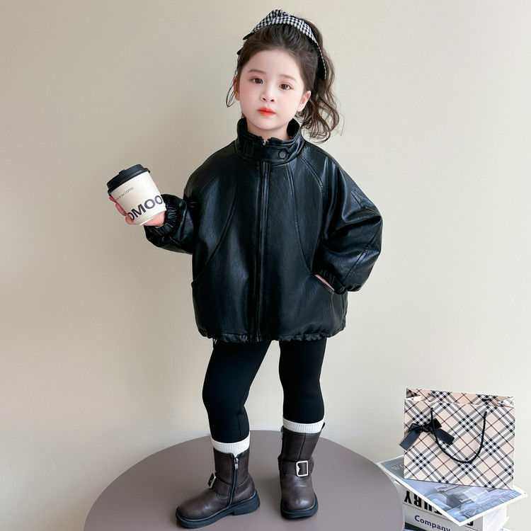 女童外套2025新款女宝宝加绒皮衣洋气韩版秋冬款儿童pu夹克上衣