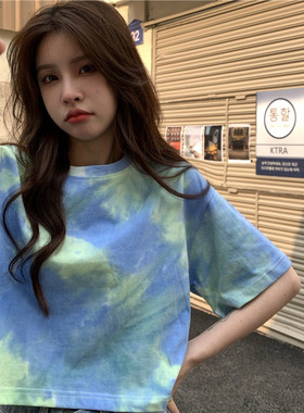 2026 women clothes扎染短袖t恤女夏新款设计感露脐短款辣妹学生