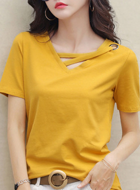 2026 women clothes短袖女新款夏季白色t恤女V领宽松韩版黑色上衣