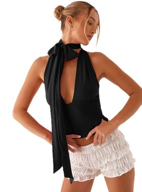 2026 women clothes挂脖背心跨境欧美女装夏季新款纯色深V系带性