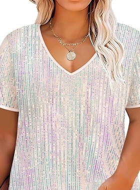 2026 women clothes年欧美跨夏季女装境新款性感色亮片V领短袖宽