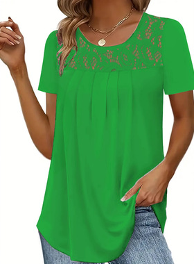 women clothes年新款欧美女装时尚上衣领口蕾丝短袖纯色T恤