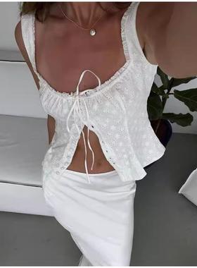 2026 women clothes法式 挂脖 上衣吊带提花蕾丝复古背心欧美夏季