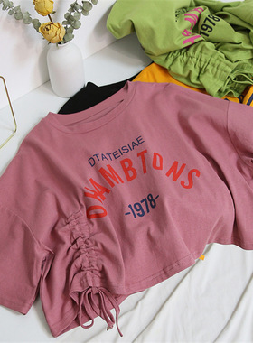 2026 women clothes夏季别致抽绳短款上衣打底衫女设计感气质短袖