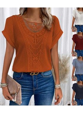 women clothes欧美春夏新款花边拼接短袖t恤现货跨境女装