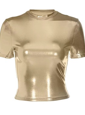 2026 women clothes欧美风外贸女装春季新款时尚金属色圆领短袖紧