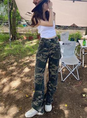 women clothes港风工装军绿色高腰宽松显瘦阔腿牛仔裤女春季辣妹