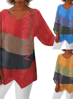 women clothes欧美风女装新品休闲时尚套头宽松长袖V领数码印花T