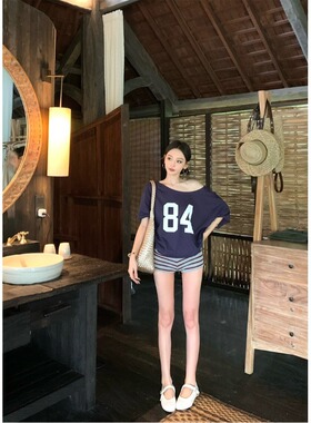 2026 women clothes斜肩短袖T恤女夏季新款宽松美式辣妹chic半袖