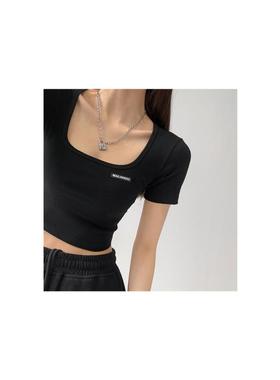 2026 women clothes方领露锁骨修身打底衫夏季新款短袖露脐T恤学