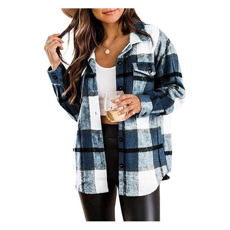 2026 women clotheswish欧美法兰绒夹克休闲格子系扣长袖毛呢衬衫