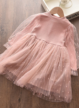 women clothesins秋季新款女童长袖连衣裙女童洋气亮片泡泡袖针织