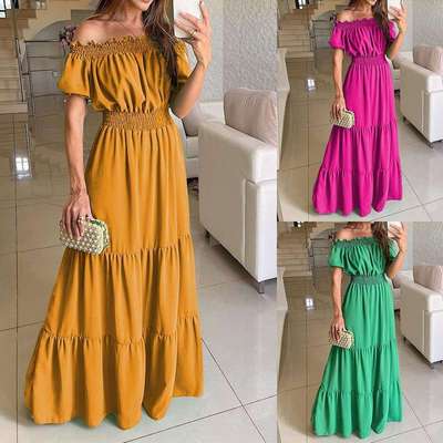 women clothes欧美外贸女装夏季一字领短袖纯色长款连衣裙