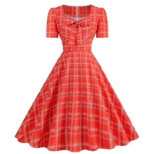 2026 women clothes货源热卖时尚气质芭比粉方领短袖格纹印花收腰