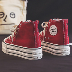 2026 shoes women高帮帆布鞋女新款厚底增高红色休闲百搭ins潮复