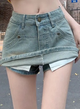women clothes蓝色复古牛仔半身裙裤女春季防走光设计感高腰显瘦