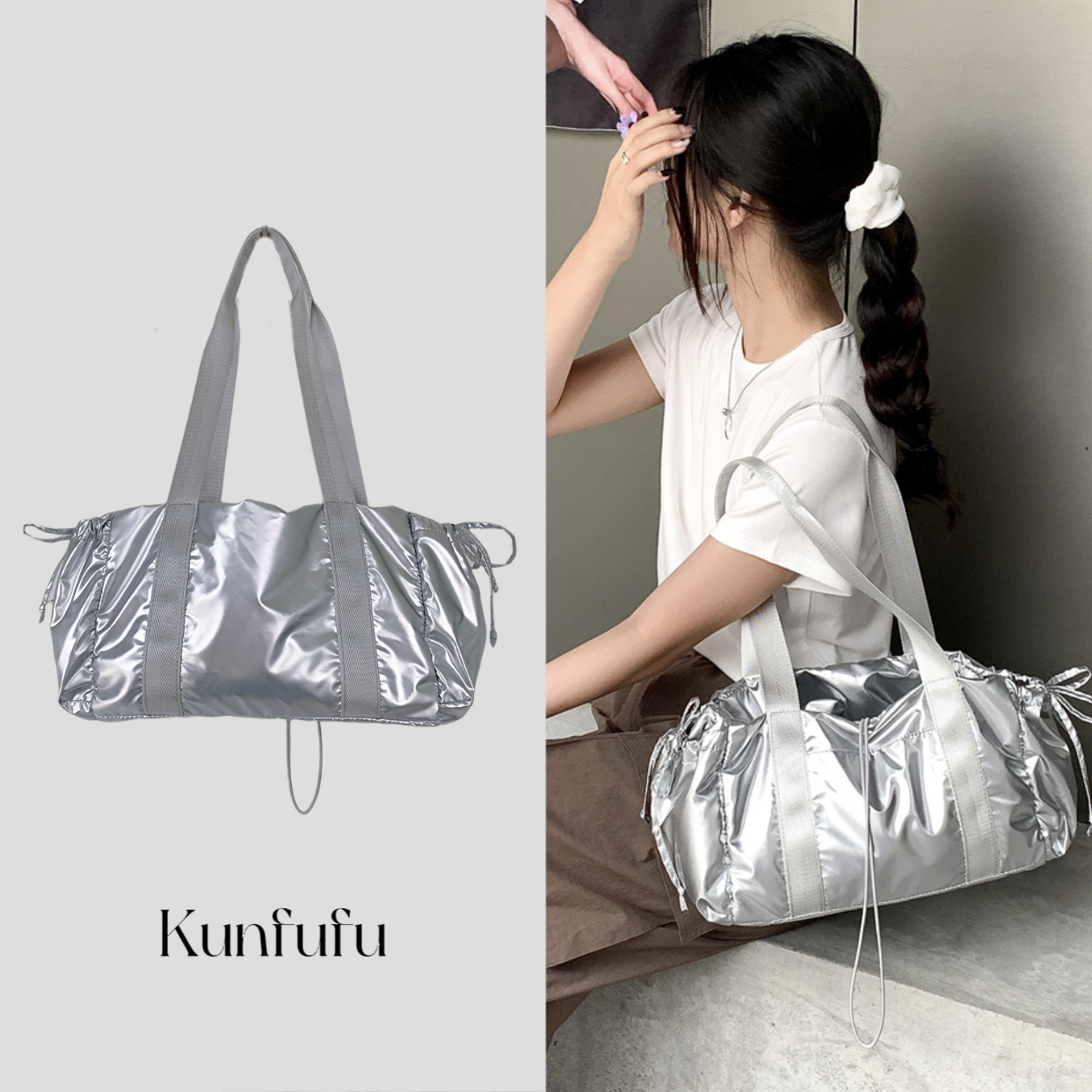 春银色夹棉羽绒服抽绳束口单肩包保龄球棒球包千禧辣妹腋下包韩系
