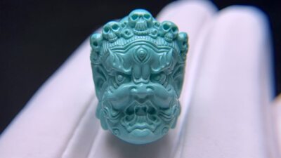湖北十堰矿区天然原矿高瓷绿松石大黑天雕刻件配饰多宝手串顶珠