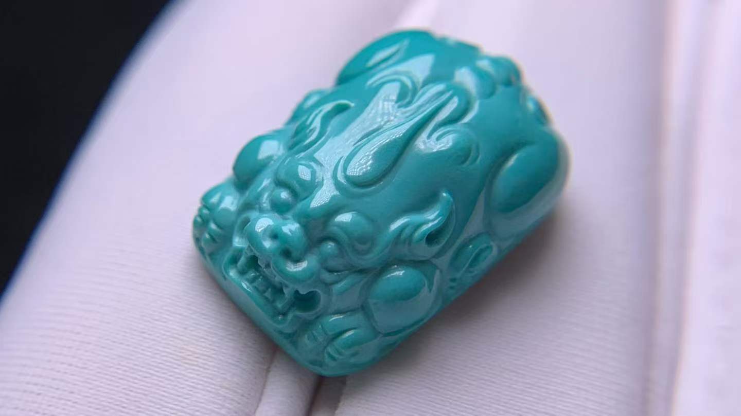 湖北十堰矿区天然原矿高瓷绿松石貔貅瑞兽戒面界面戒指