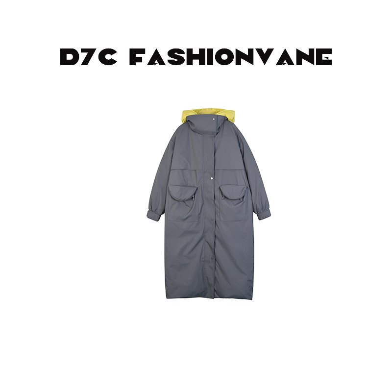 【婉婉】两面穿工装大口袋拼接带帽长款羽绒服C11172541