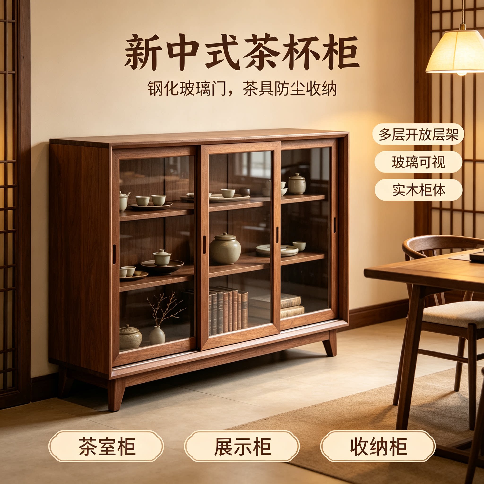 老榆木新中式玻璃茶室展示柜定制