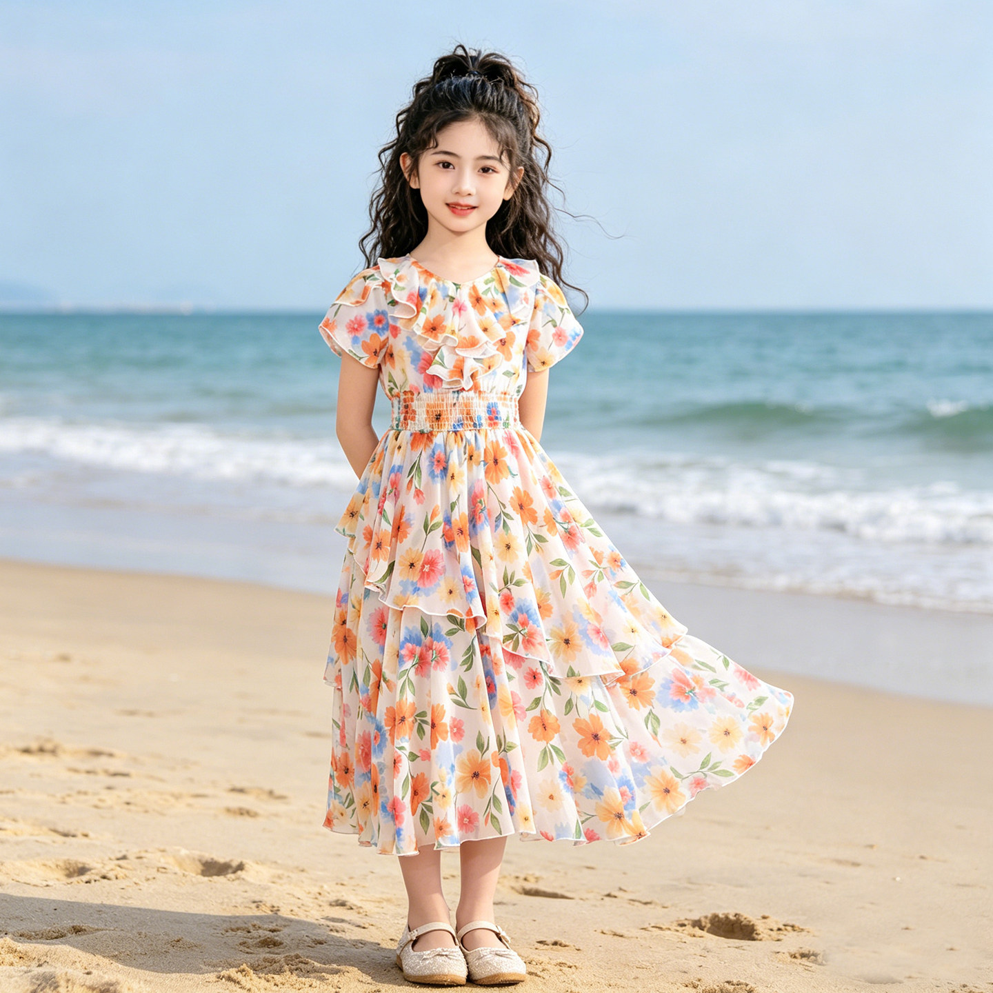 女童碎花夏季连衣裙2026新款夏装长裙公主裙沙滩裙子雪纺儿童童装