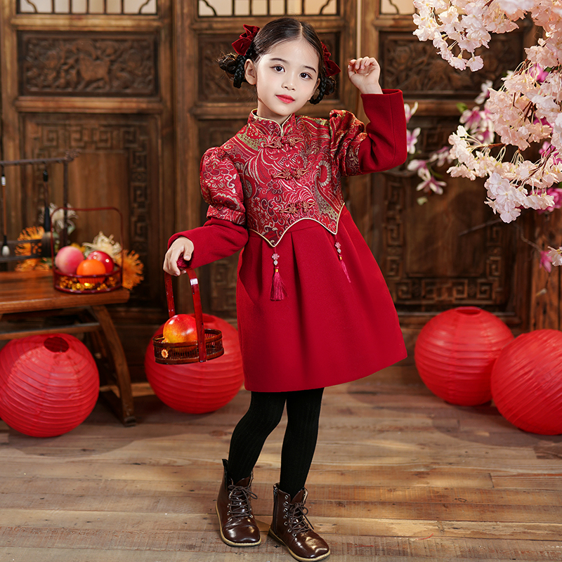 女童旗袍秋冬装汉服儿童装拜年服过年红喜庆衣服装2025新款新年装