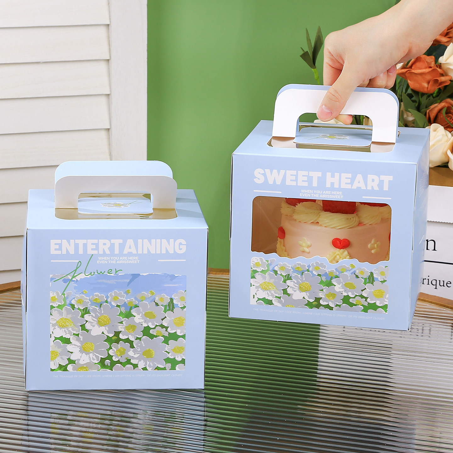 小清新4寸高档正方形儿童千层蛋糕盒手提盒烘焙店甜品点心包装盒