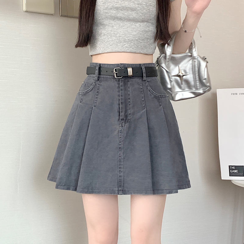 复古牛仔百褶半身裙女夏季2025新款小个子百搭高腰防走光a字短裙
