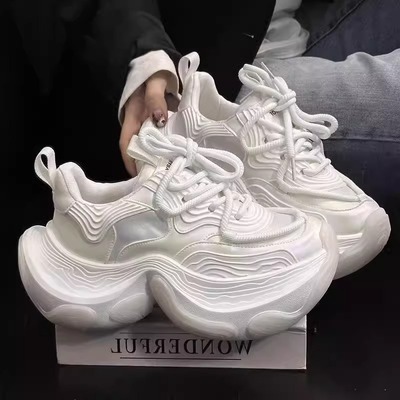 欧货真皮厚底松糕老爹鞋女2025秋季新款百搭撞色小个子增高运动鞋