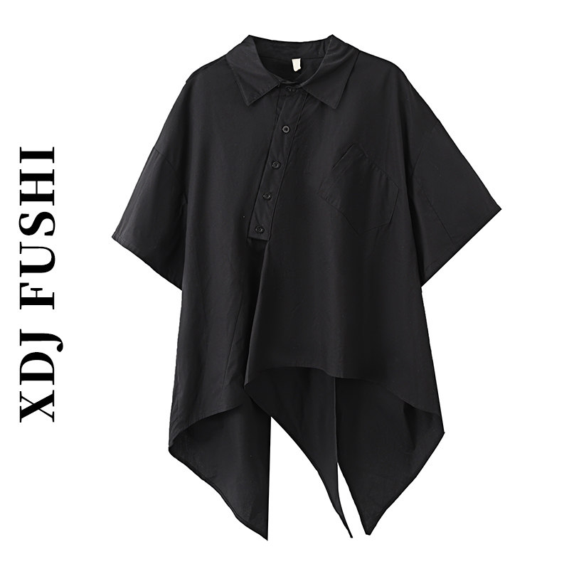 2025新款暗黑系设计感小众不对称衬衫长袖宽松斜门襟轻熟短袖衬衣