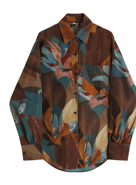 复古港风撞色百搭宽松长袖衬衣女春季新款休闲上衣设计感花衬衫潮