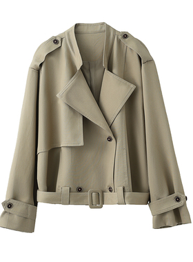 春秋季韩版轻熟风卡其色短款风衣女双排扣翻领腰带小个子百搭外套