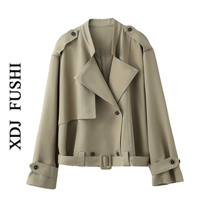 风衣女双排扣翻领腰带小个子百搭外套 轻熟风卡其色短款 春秋季 韩版