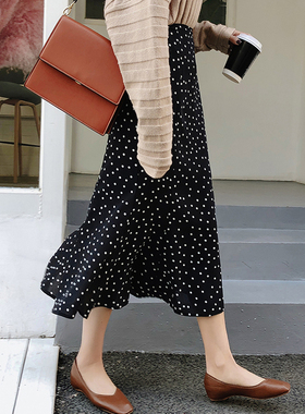 2026春秋新款雪纺半身裙女夏季波点印花中长款高腰包臀鱼尾裙裙子