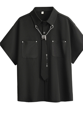 美式复古衬衫男女同款夏季设计感宽松长袖衬衣痞帅情侣领带外套女