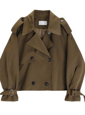 韩国chic秋季复古翻领设计感双排扣宽松百搭长袖短款风衣外套女