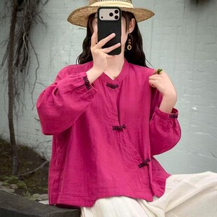 民族风时尚休闲斜襟盘扣衬衫女棉纱薄款复古新中式春秋长袖小衫女