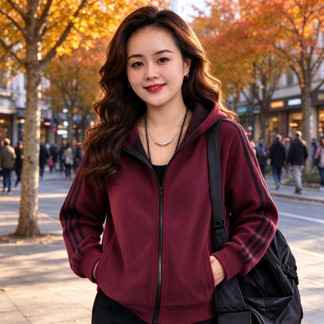 秋冬新款时尚女百搭宽松休闲双面绒保暖卫衣加绒加厚连帽开衫外套