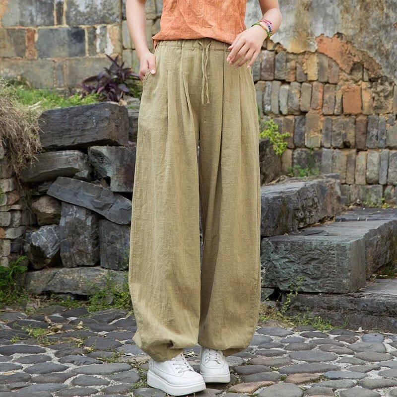 棉麻裤子女夏高端棉麻长裤做旧休闲裤宽松百搭束口裤松弛感灯笼裤