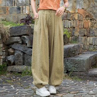 棉麻裤子女夏高端棉麻长裤做旧休闲裤宽松百搭束口裤松弛感灯笼裤